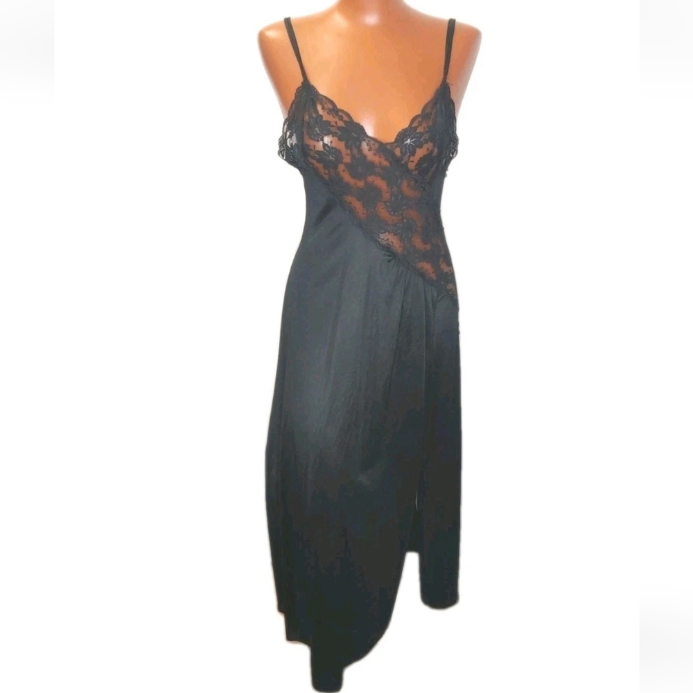 Vintage Sheer Lace Nylon Long Slip Dress Woman Sz 30 Satin Black High Front Slit